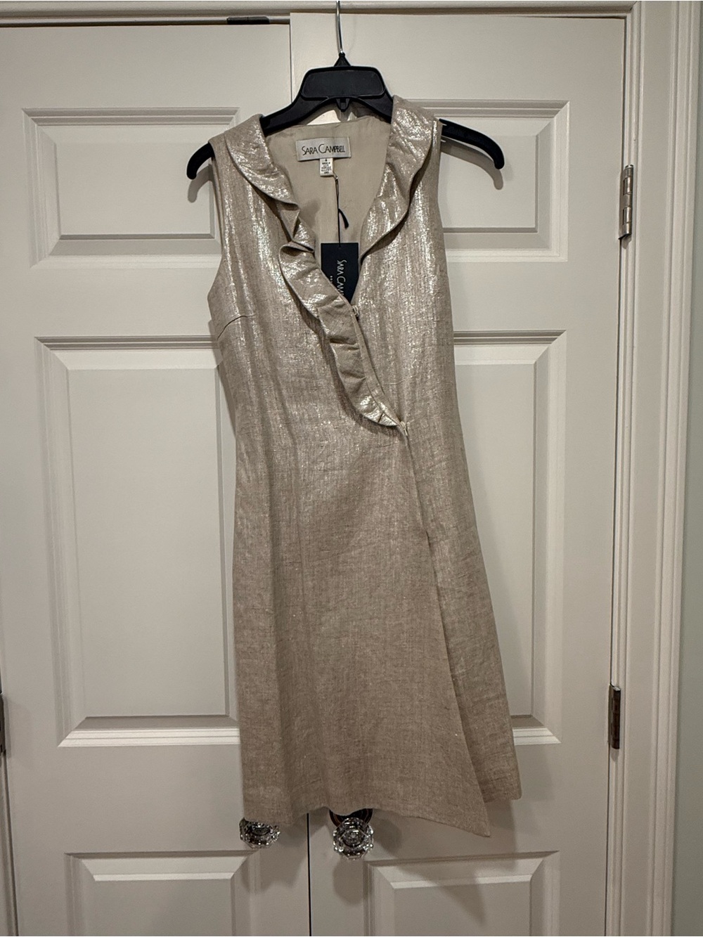 Sara Campbell Metallic Ruffle V-Neck Sleeveless linen Dress - Champagne